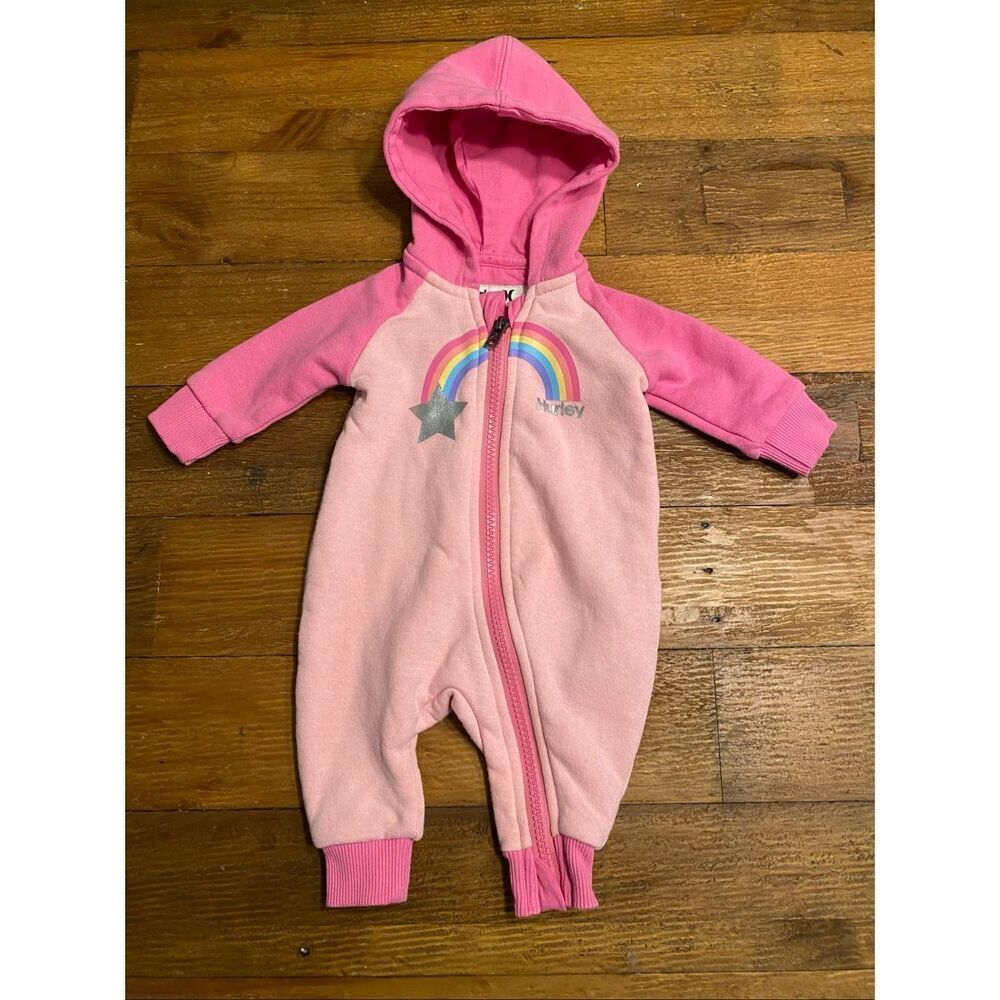 Hurley NB baby girl one piece outfit coveralls pink shooting star rainbow